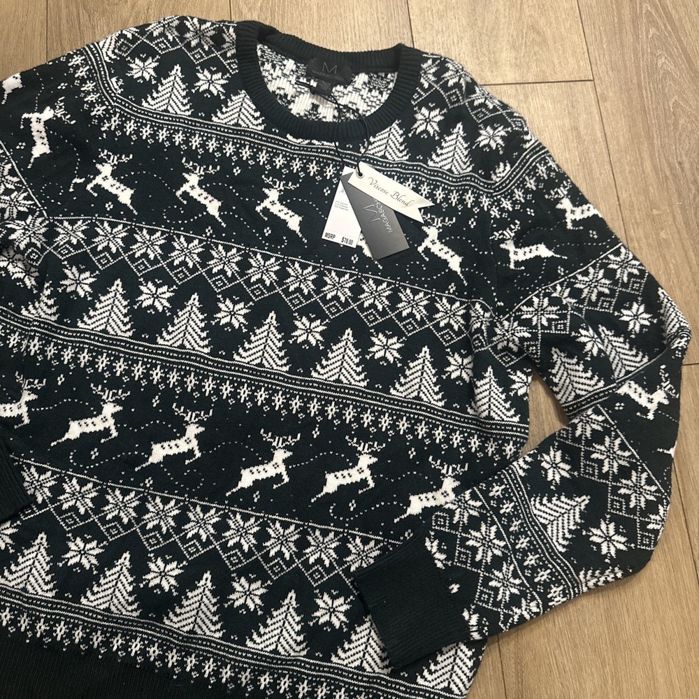 Magaschoni Men's Holiday Sweater Medium Viscose Blend Deer Snowflake Green NWT